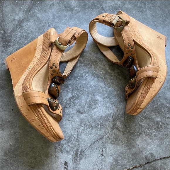 Frye Shoes - FRYE Bridget Ornament Dark Brown Leather Wedges